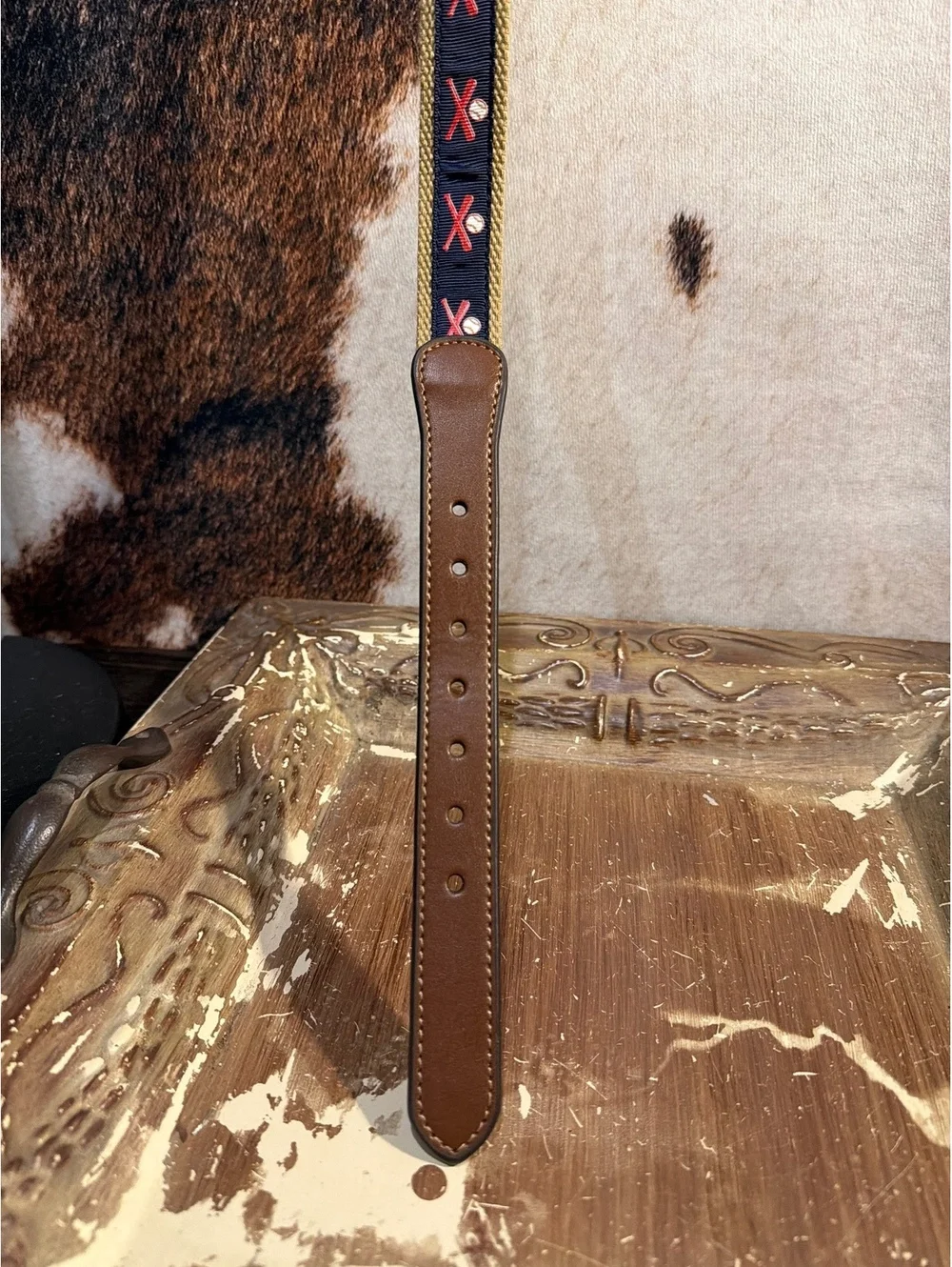 Baseball print Ribbon Large Brown Leather and Fabric Belt 30-32